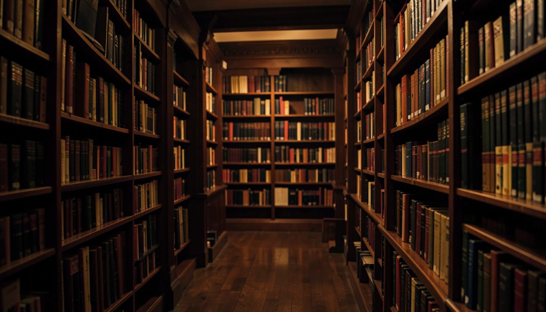 A dimly lit library interior with tall wooden bookshelves, warm amber and deep brown tones, quiet scholarly atmosphere