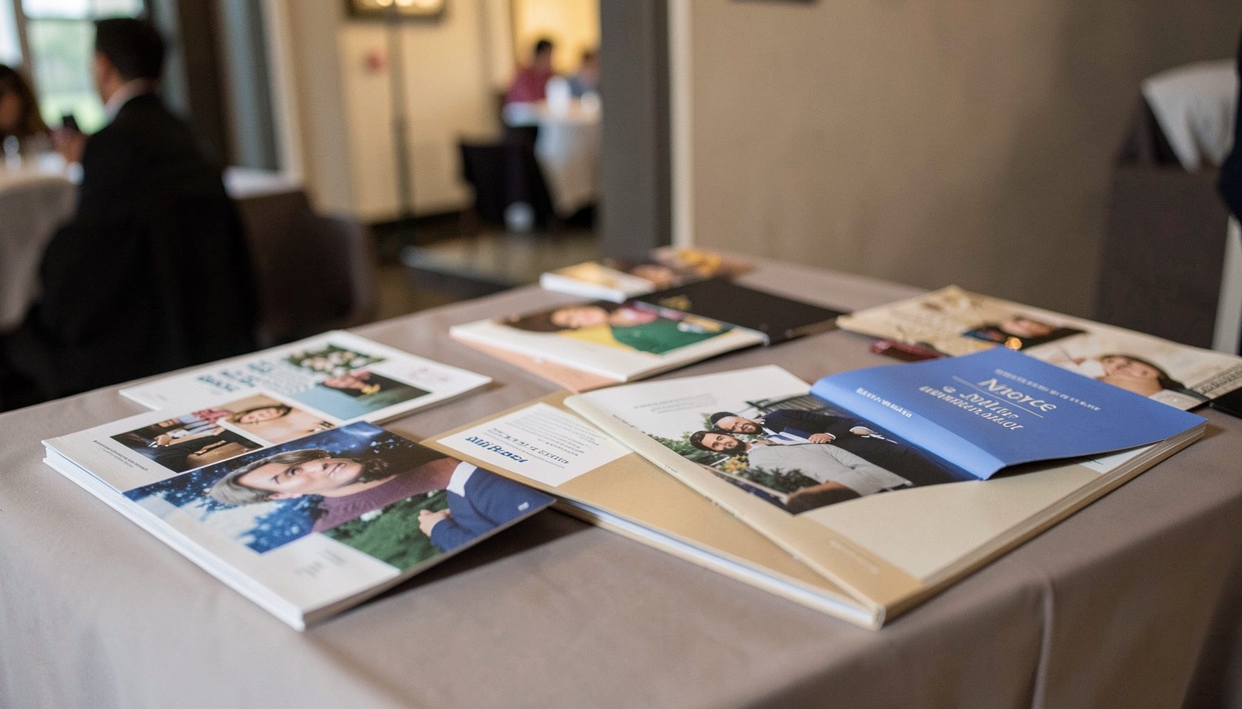 Book launch event with displayed publications on a table
