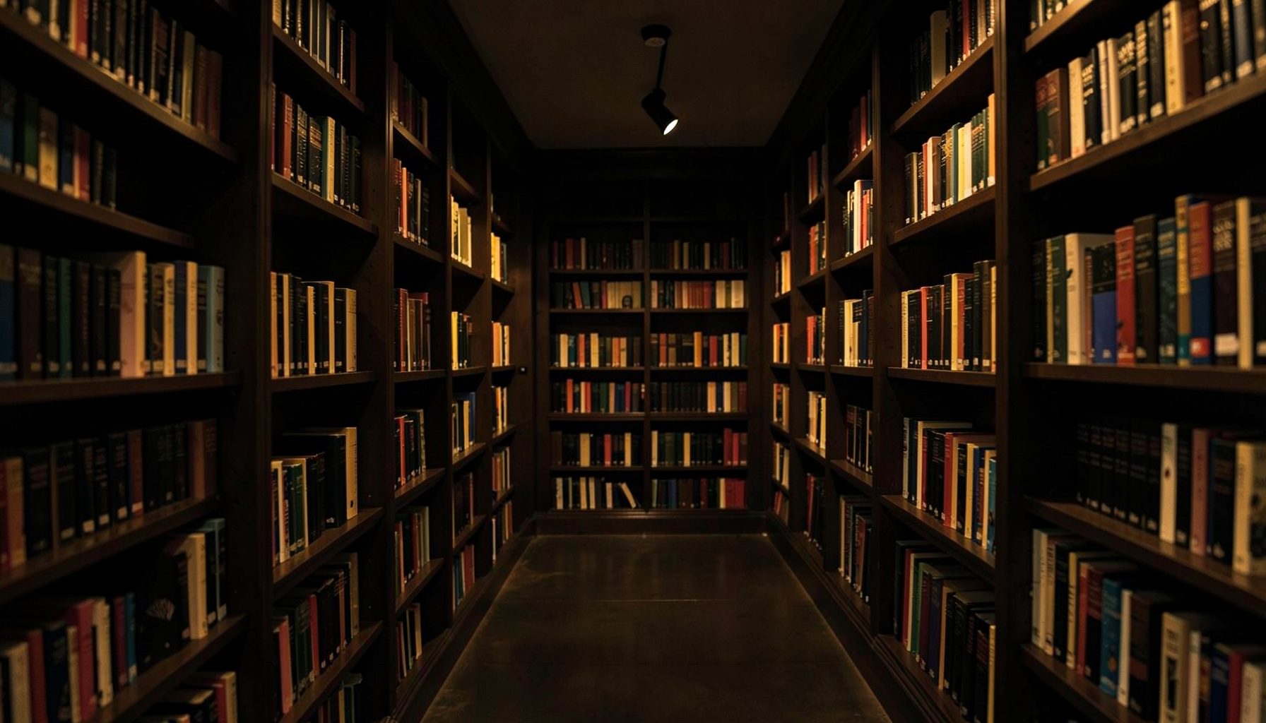 Dark library interior with rows of bookshelves and warm amber accent lighting