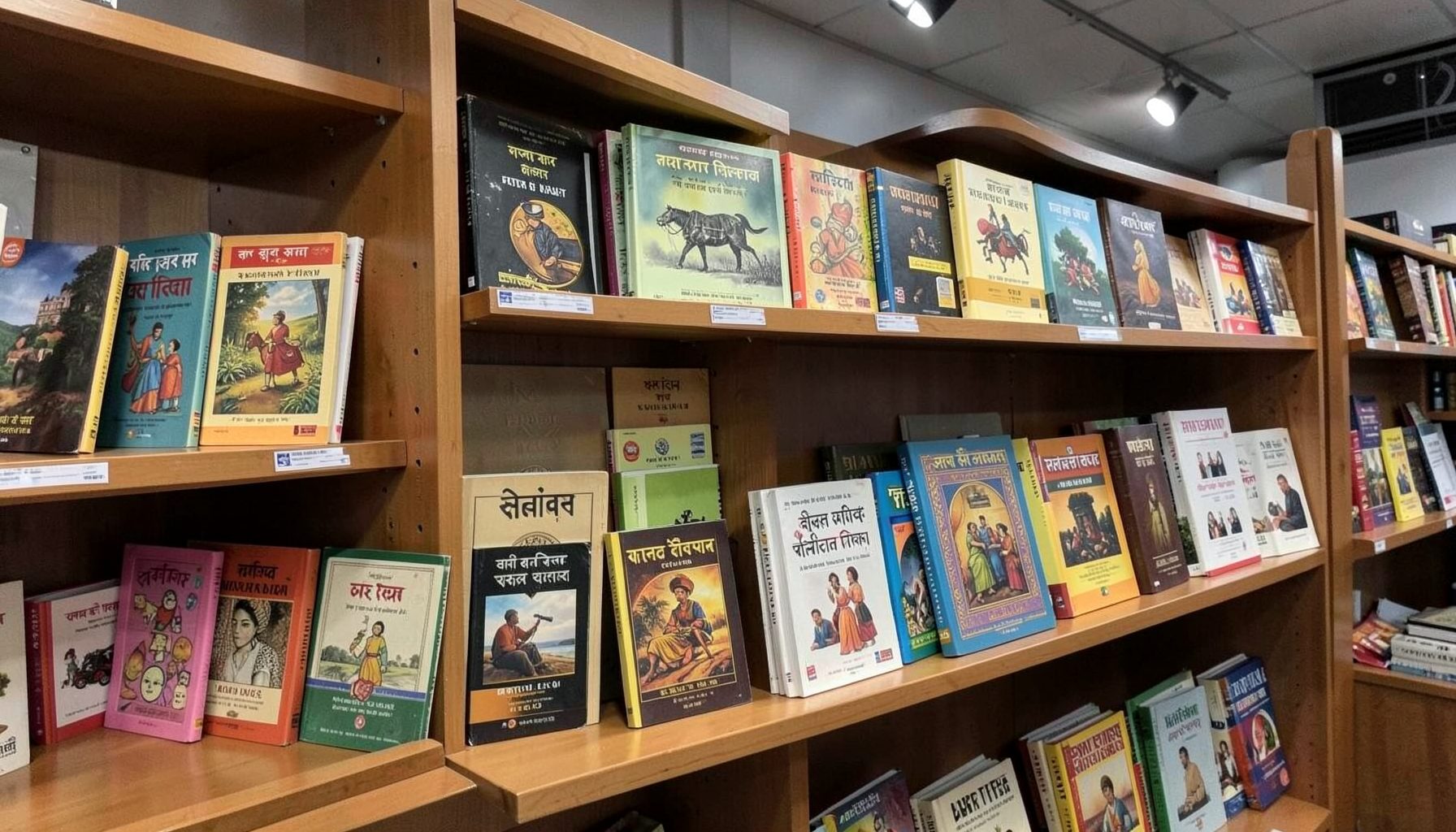 Exhibition of Hindi literature books on display shelves