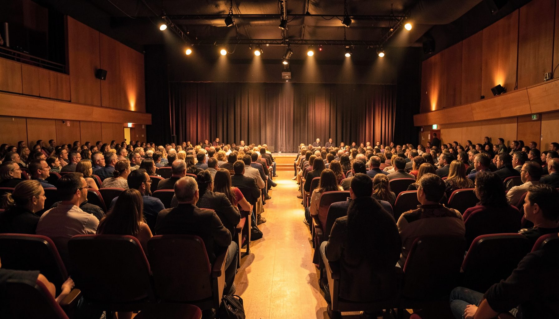 Lecture hall with rows of seats and warm stage lighting, cultural gathering