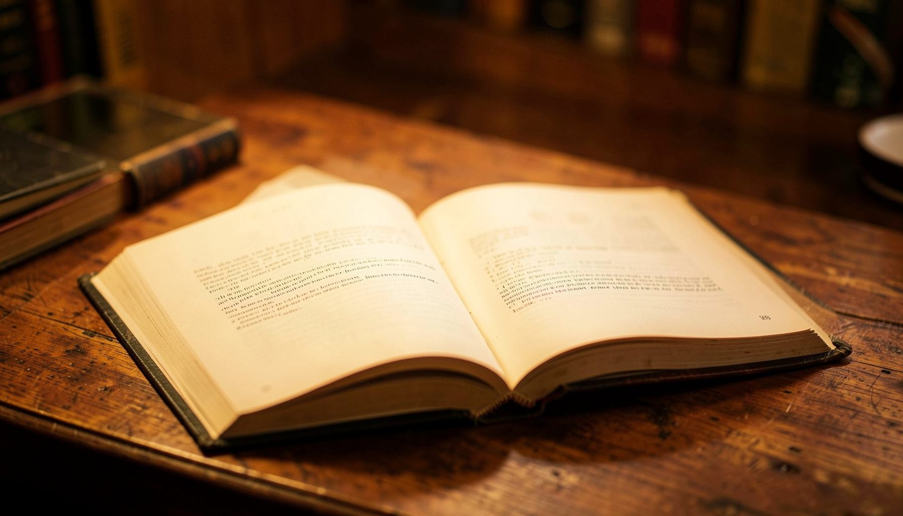 Open book on a wooden desk with soft amber lighting, scholarly atmosphere