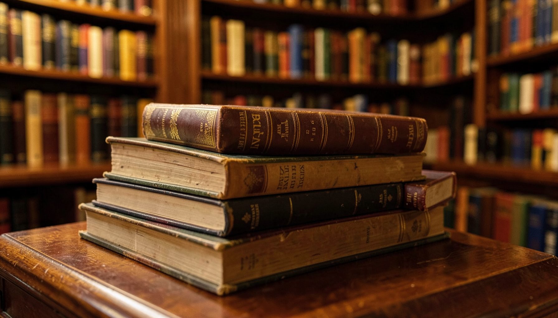Stack of literary books in warm library light, rich browns and golds