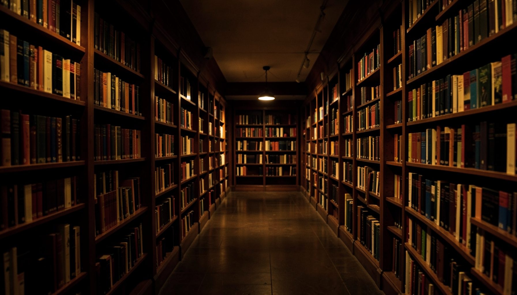 Warmly lit library interior with rows of bookshelves receding into shadow, deep browns and amber tones