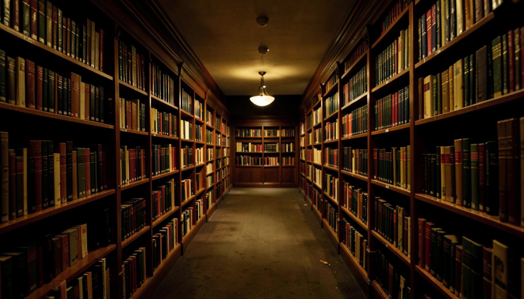 Warmly lit library interior with rows of bookshelves receding into shadow, rich browns and deep golds