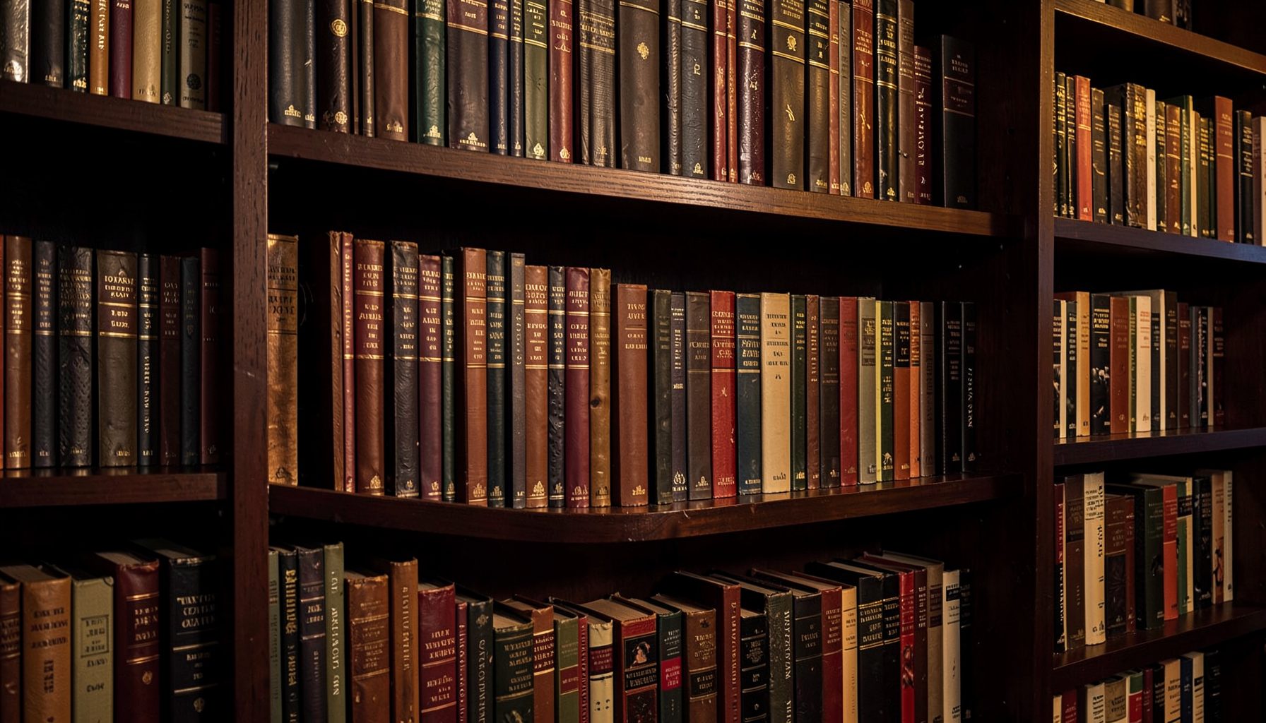 Warmly lit rows of hardcover books on dark wooden shelves, deep browns and amber tones with soft shadows